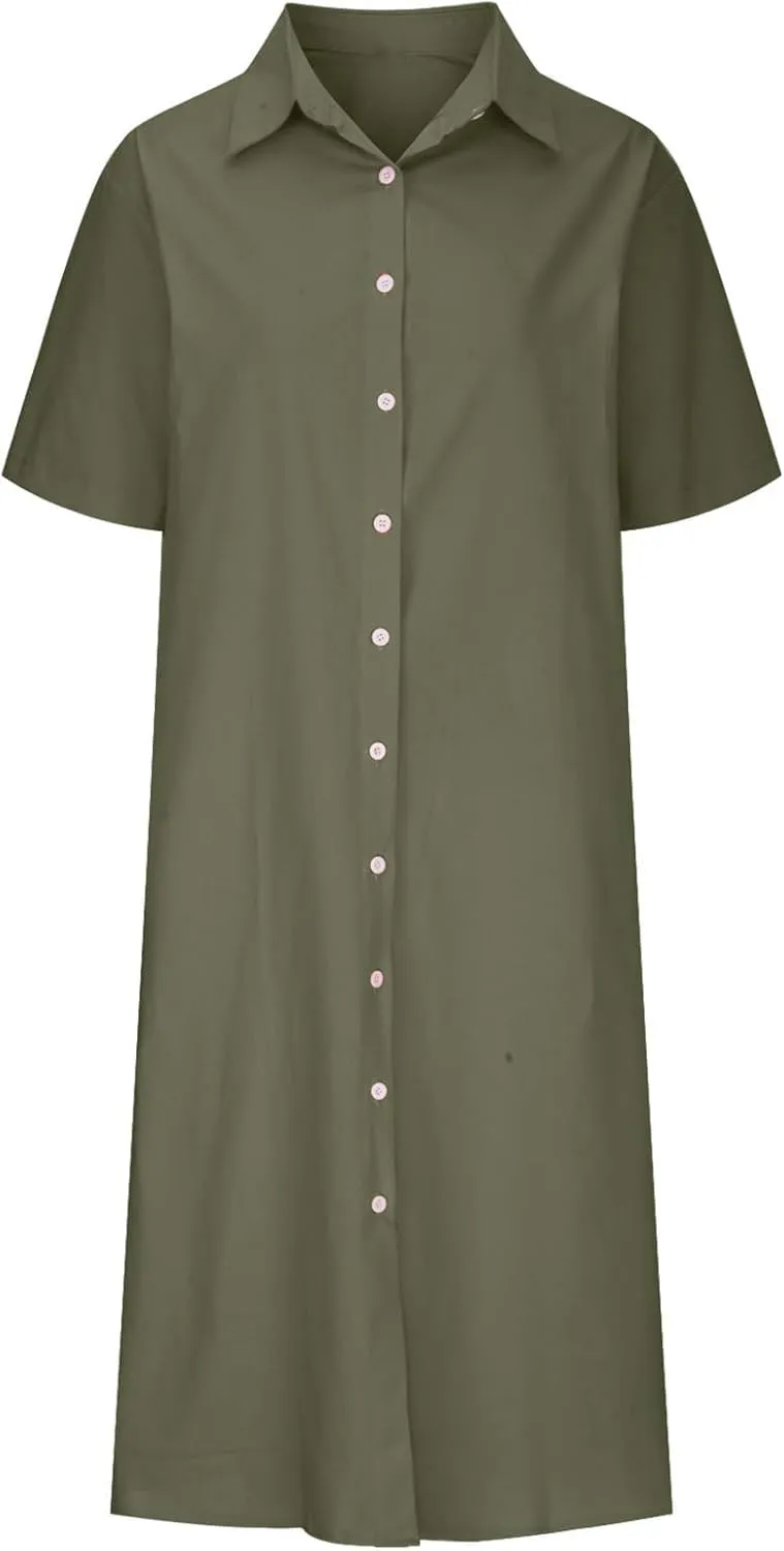 Button Down Dress for Women Cotton Linen Long T Shirt Dresses Casual Short Sleeve Midi Sundress Summer Beach Coverups
