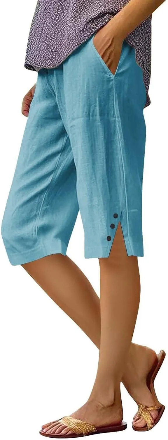 Capri Pants for Women Bermuda Linen Shorts High Waisted Wide Leg 2025 Summer Cropped Casual Palazzo Pant with Pockets