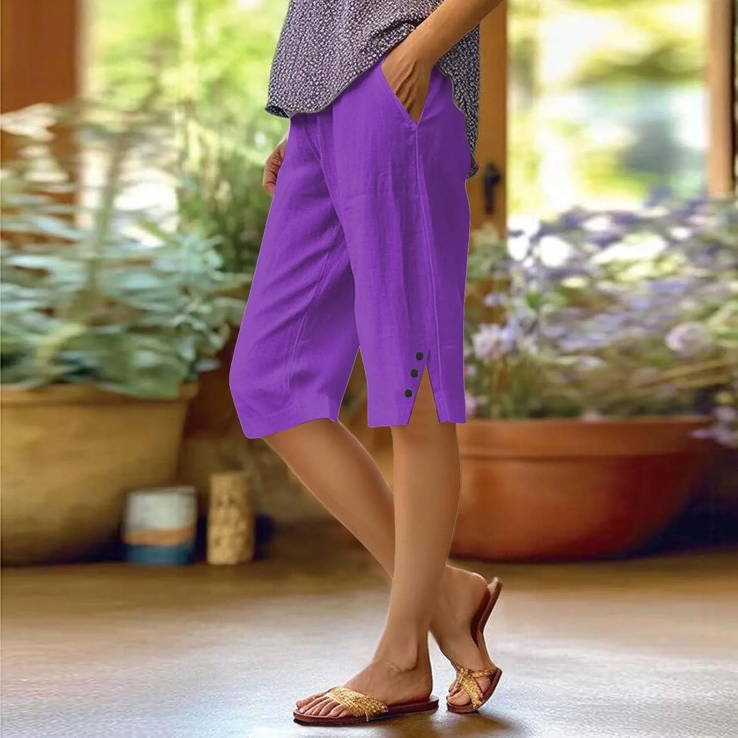 Capri Pants for Women Bermuda Linen Shorts High Waisted Wide Leg 2025 Summer Cropped Casual Palazzo Pant with Pockets