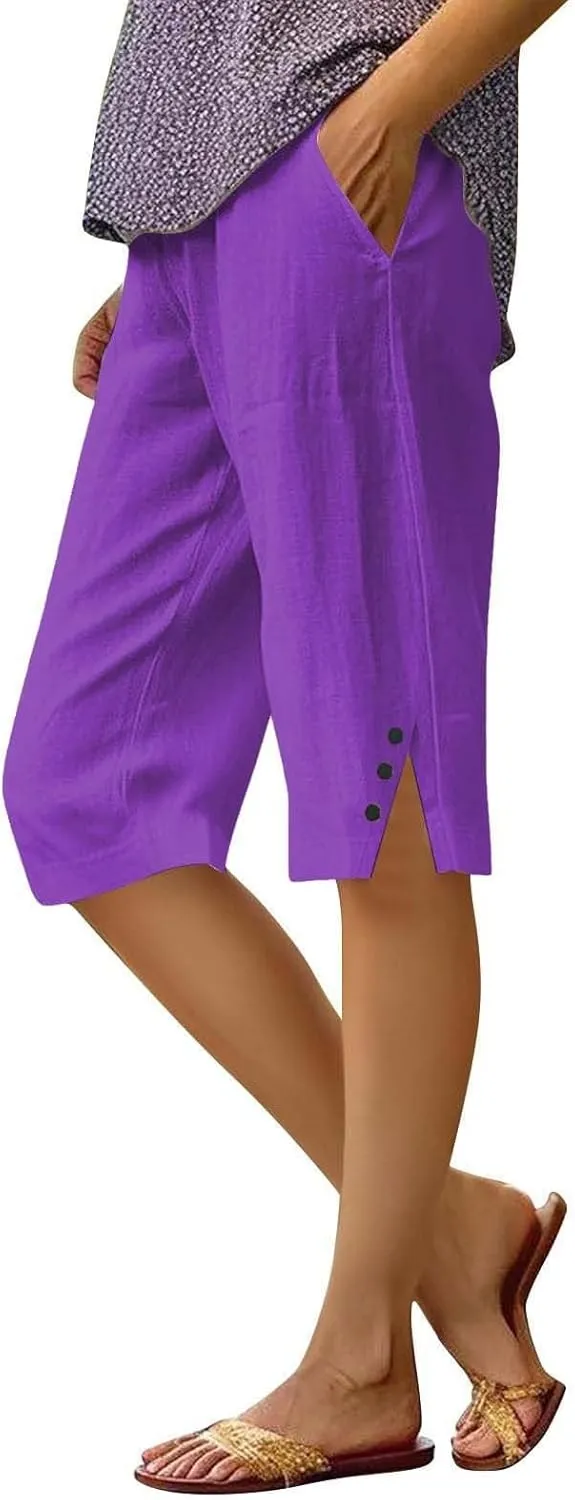 Capri Pants for Women Bermuda Linen Shorts High Waisted Wide Leg 2025 Summer Cropped Casual Palazzo Pant with Pockets