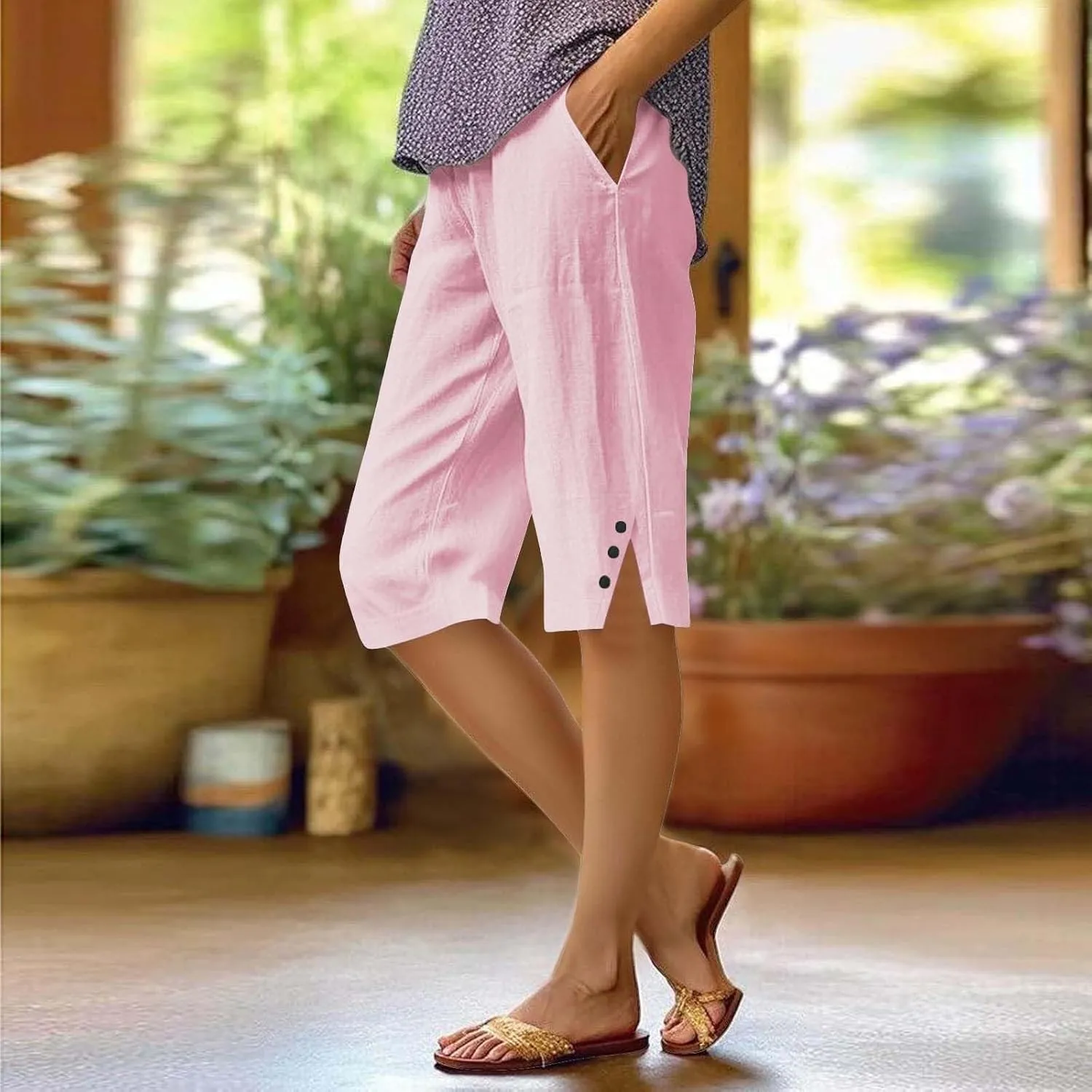 Capri Pants for Women Bermuda Linen Shorts High Waisted Wide Leg 2025 Summer Cropped Casual Palazzo Pant with Pockets