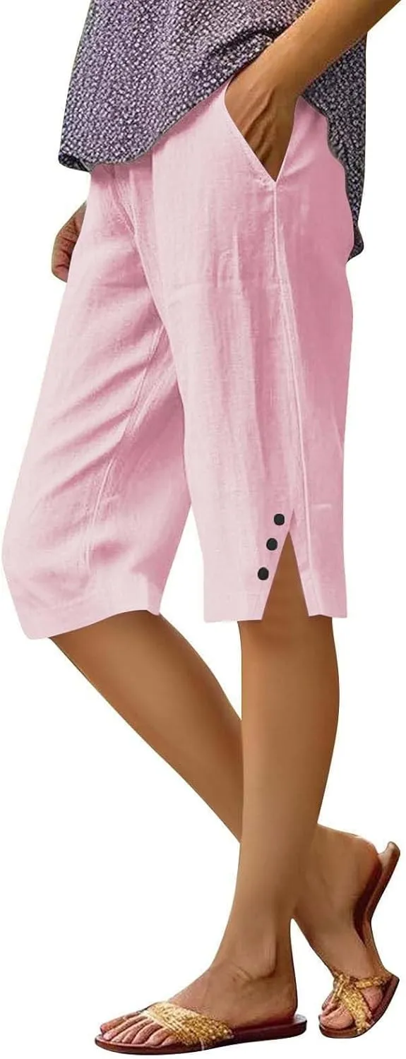Capri Pants for Women Bermuda Linen Shorts High Waisted Wide Leg 2025 Summer Cropped Casual Palazzo Pant with Pockets