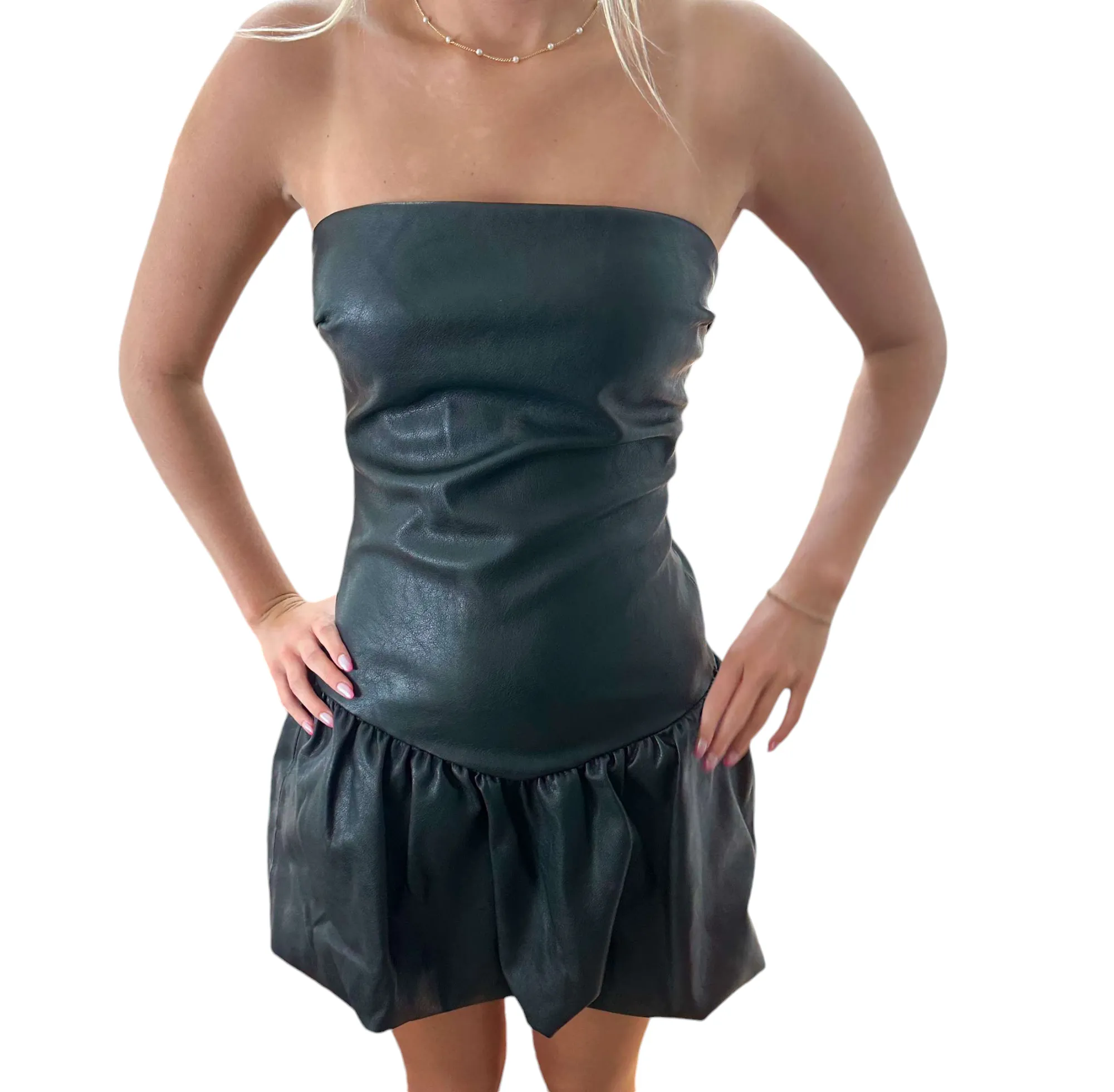 Chevron Chic: Strapless Black Leather Bubble Mini Dress