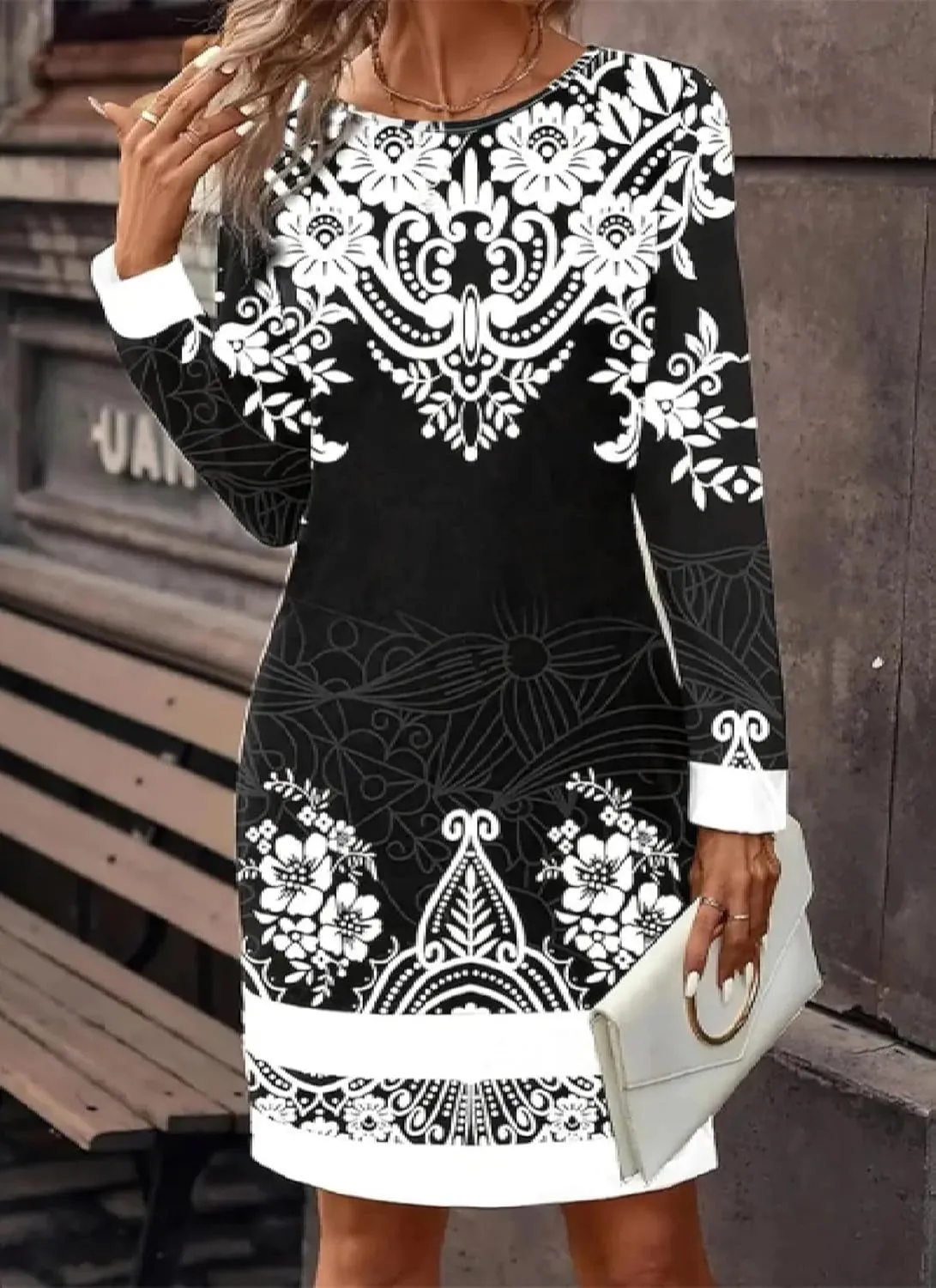 Chic Floral Print Shift Womens Cocktail Dress Round Neck Long Sleeve Mini Dress and Black Sundresses for Women 2025