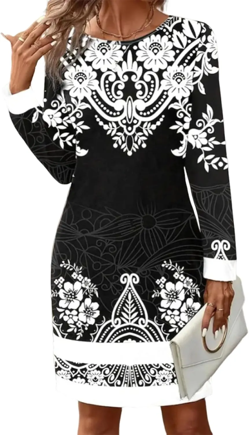 Chic Floral Print Shift Womens Cocktail Dress Round Neck Long Sleeve Mini Dress and Black Sundresses for Women 2025