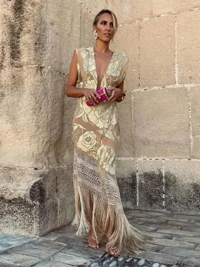 Chic V Neck Tassels Long Dress: Elegant Sleeveless Apparel for Vacation & Party