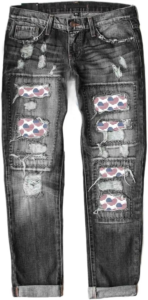 Costaric Plaid Patch Ripped Jean for Women Skinny Distressed Denim Pants Vintage Mid Waisted Trendy Jean Pants