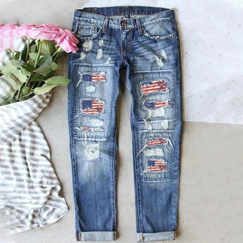 Costaric Plaid Patch Ripped Jean for Women Skinny Distressed Denim Pants Vintage Mid Waisted Trendy Jean Pants
