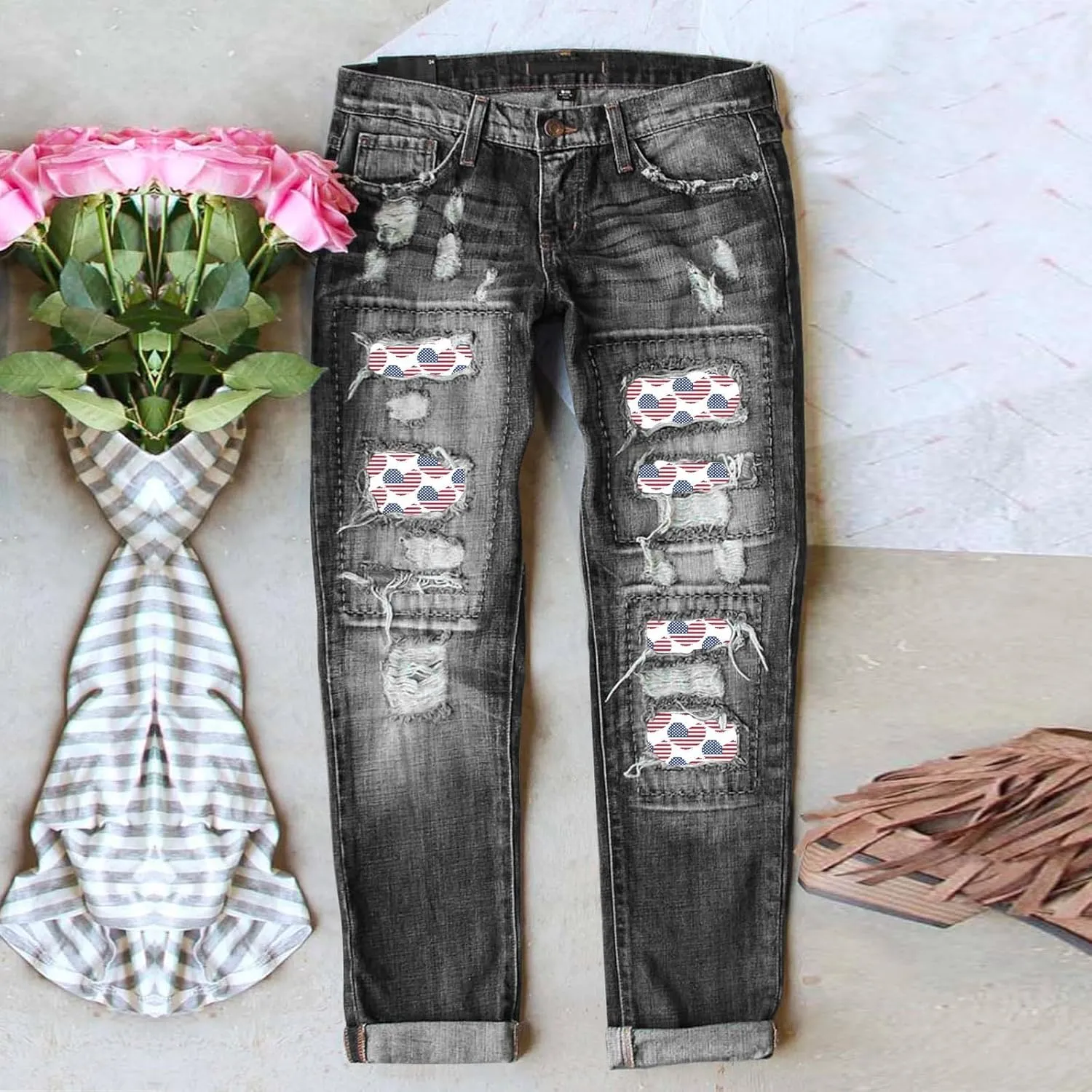 Costaric Plaid Patch Ripped Jean for Women Skinny Distressed Denim Pants Vintage Mid Waisted Trendy Jean Pants
