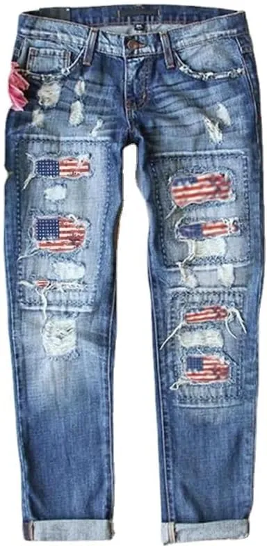 Costaric Plaid Patch Ripped Jean for Women Skinny Distressed Denim Pants Vintage Mid Waisted Trendy Jean Pants