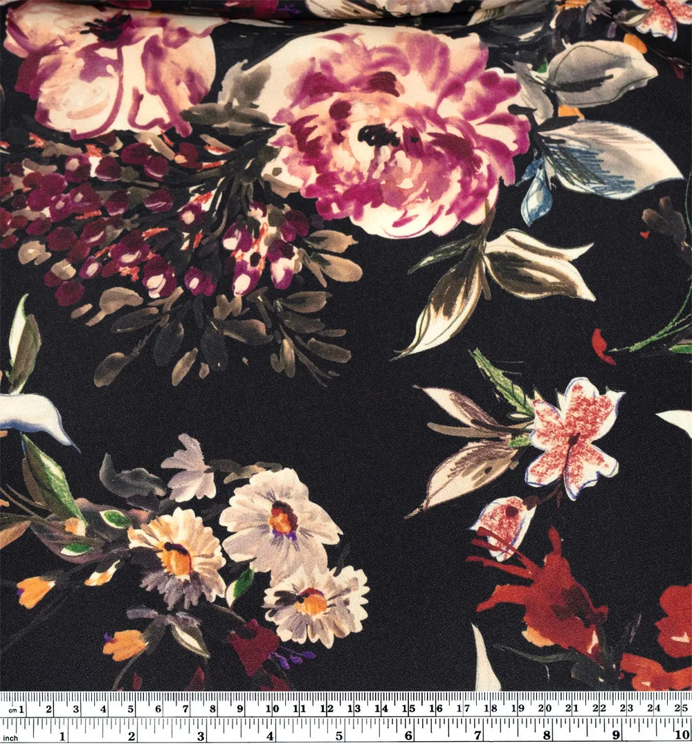Deadstock Twilight Blooms Midweight Viscose Crepe - Black/Violet/Multi