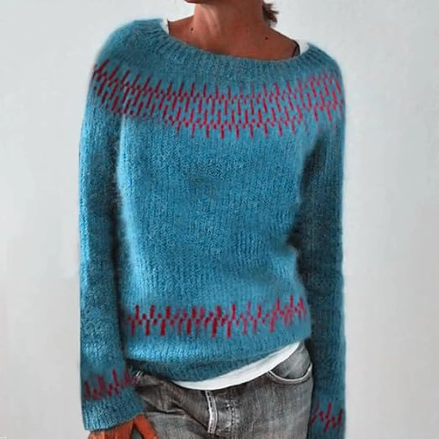 Fair Isle Sweater Women,Xmas Vintage Long Sleeve Boat Neck Retro Lightweight Pullover Top for Fall Winter