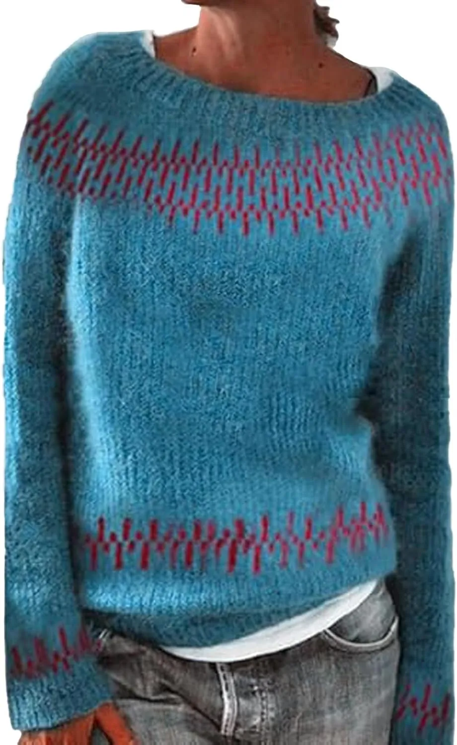 Fair Isle Sweater Women,Xmas Vintage Long Sleeve Boat Neck Retro Lightweight Pullover Top for Fall Winter