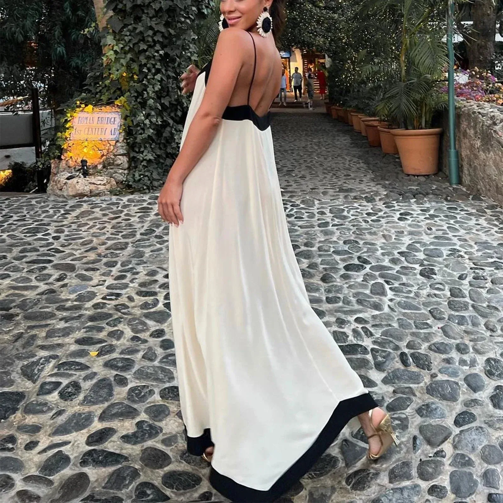 FashionSierra - Women Y2k Spaghetti Strap Maxi Patchwork Low Cut Backless Long Ruffle Flowy Beach Sundress Midi Dress