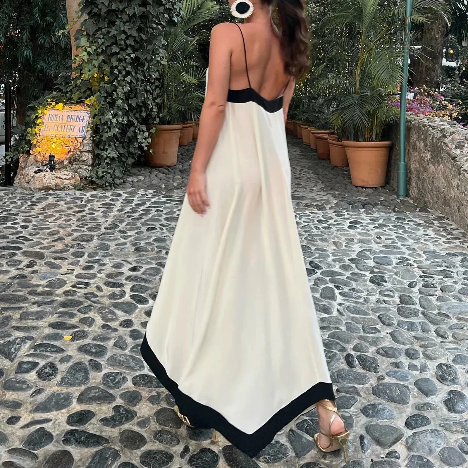 FashionSierra - Women Y2k Spaghetti Strap Maxi Patchwork Low Cut Backless Long Ruffle Flowy Beach Sundress Midi Dress