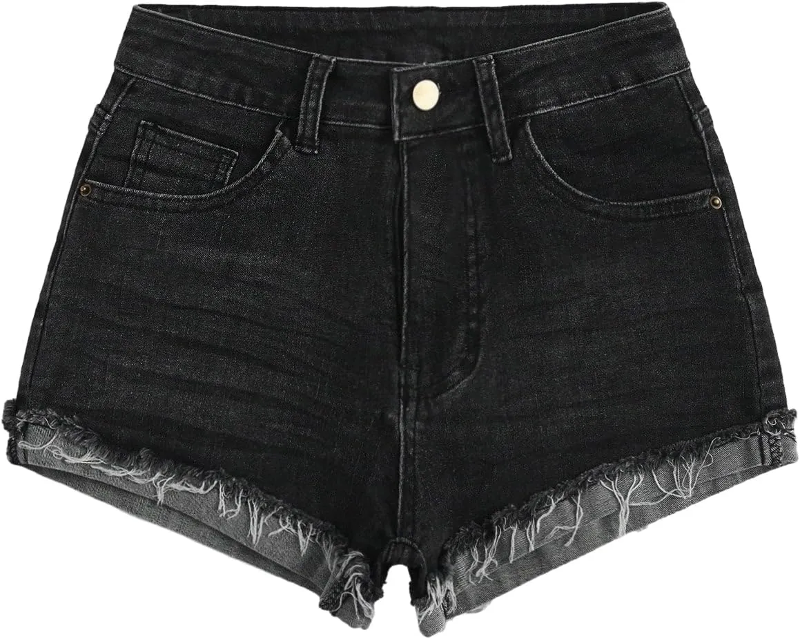 Floerns Women's Distressed Skinny Denim Shorts Low Waist Rolled Hem Casual Short Jeans