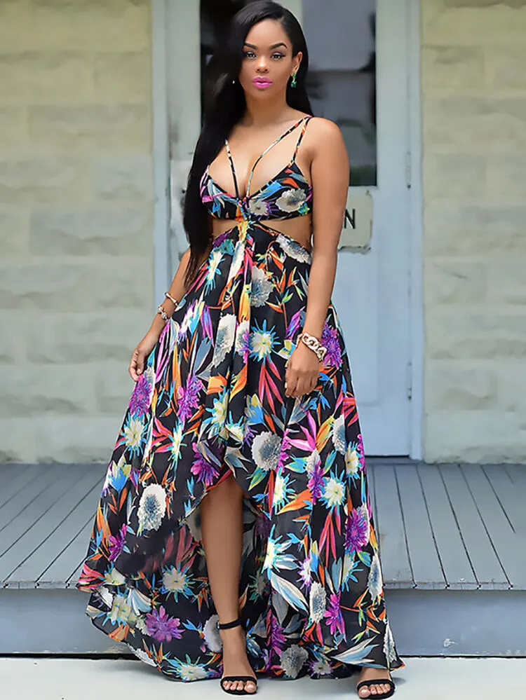 Floral Print Halter Asymmetrical Boho Midi Dress