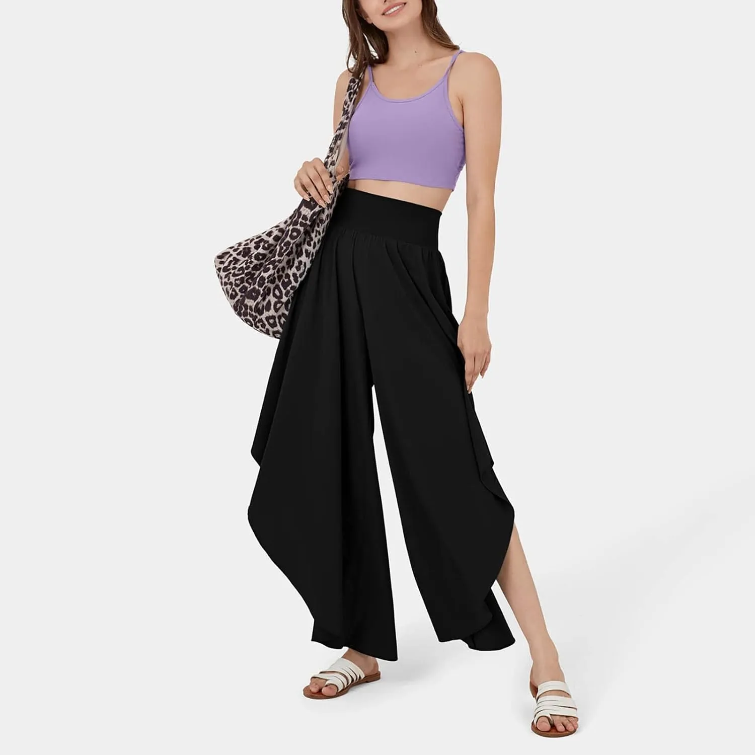 Gumipy Women Flowy Ruffle Wide Leg Pants High Waisted Elastic Waistband Palazzo Pants Flare Yoga Pants Soft Pilates Pants