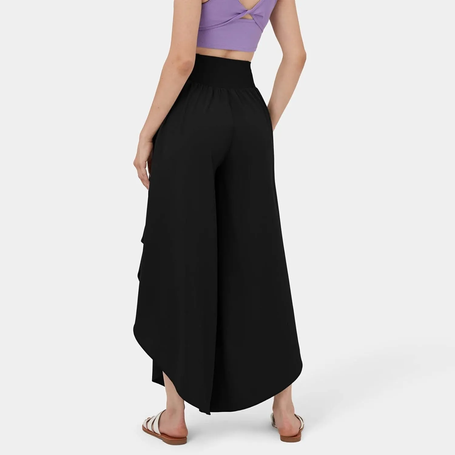 Gumipy Women Flowy Ruffle Wide Leg Pants High Waisted Elastic Waistband Palazzo Pants Flare Yoga Pants Soft Pilates Pants