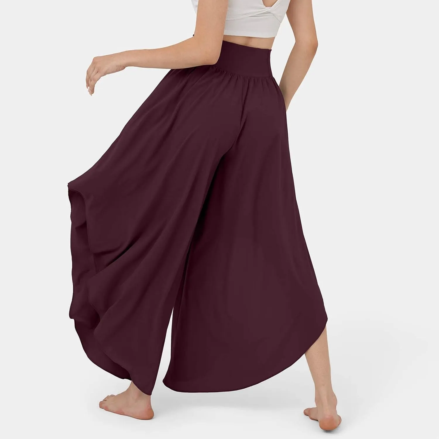Gumipy Women Flowy Ruffle Wide Leg Pants High Waisted Elastic Waistband Palazzo Pants Flare Yoga Pants Soft Pilates Pants
