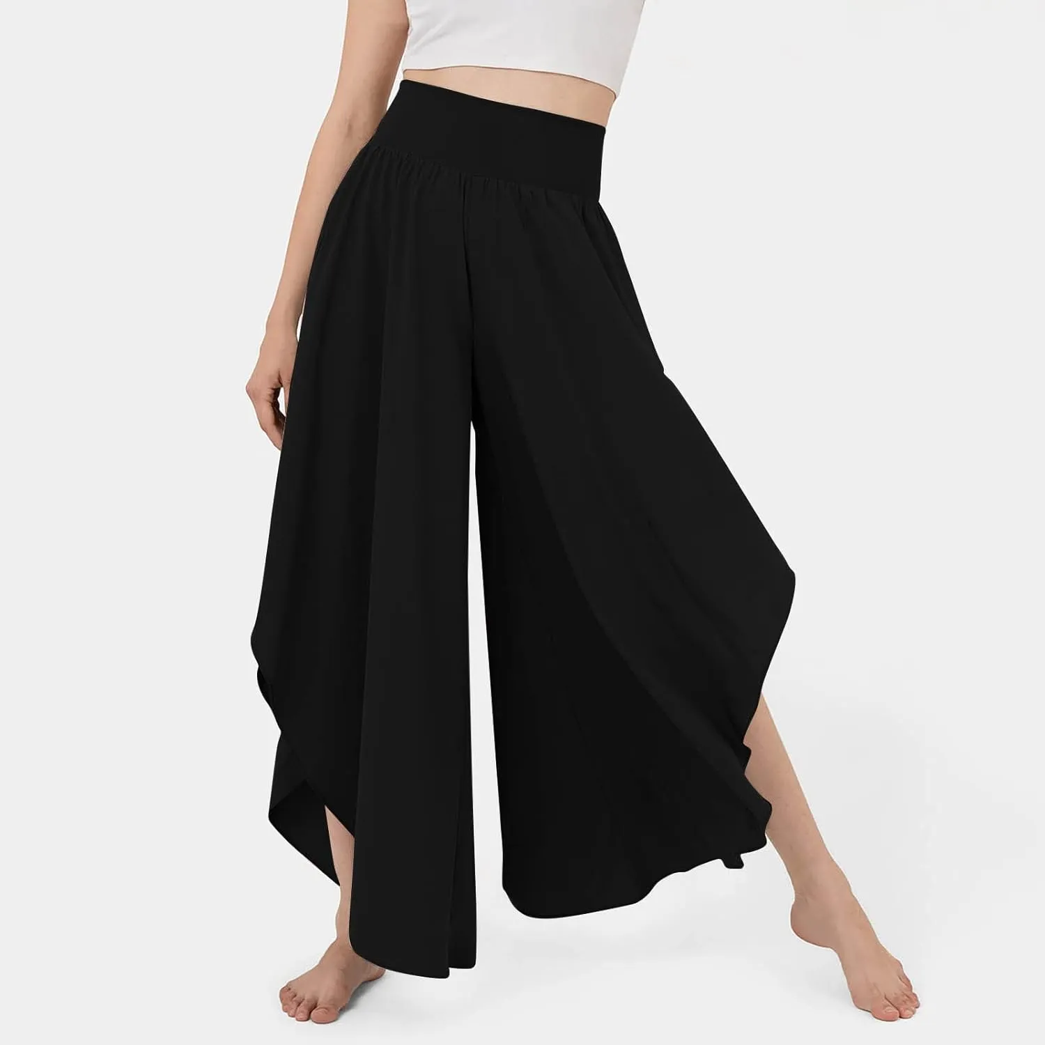 Gumipy Women Flowy Ruffle Wide Leg Pants High Waisted Elastic Waistband Palazzo Pants Flare Yoga Pants Soft Pilates Pants