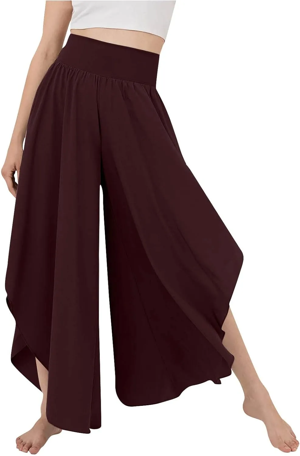 Gumipy Women Flowy Ruffle Wide Leg Pants High Waisted Elastic Waistband Palazzo Pants Flare Yoga Pants Soft Pilates Pants
