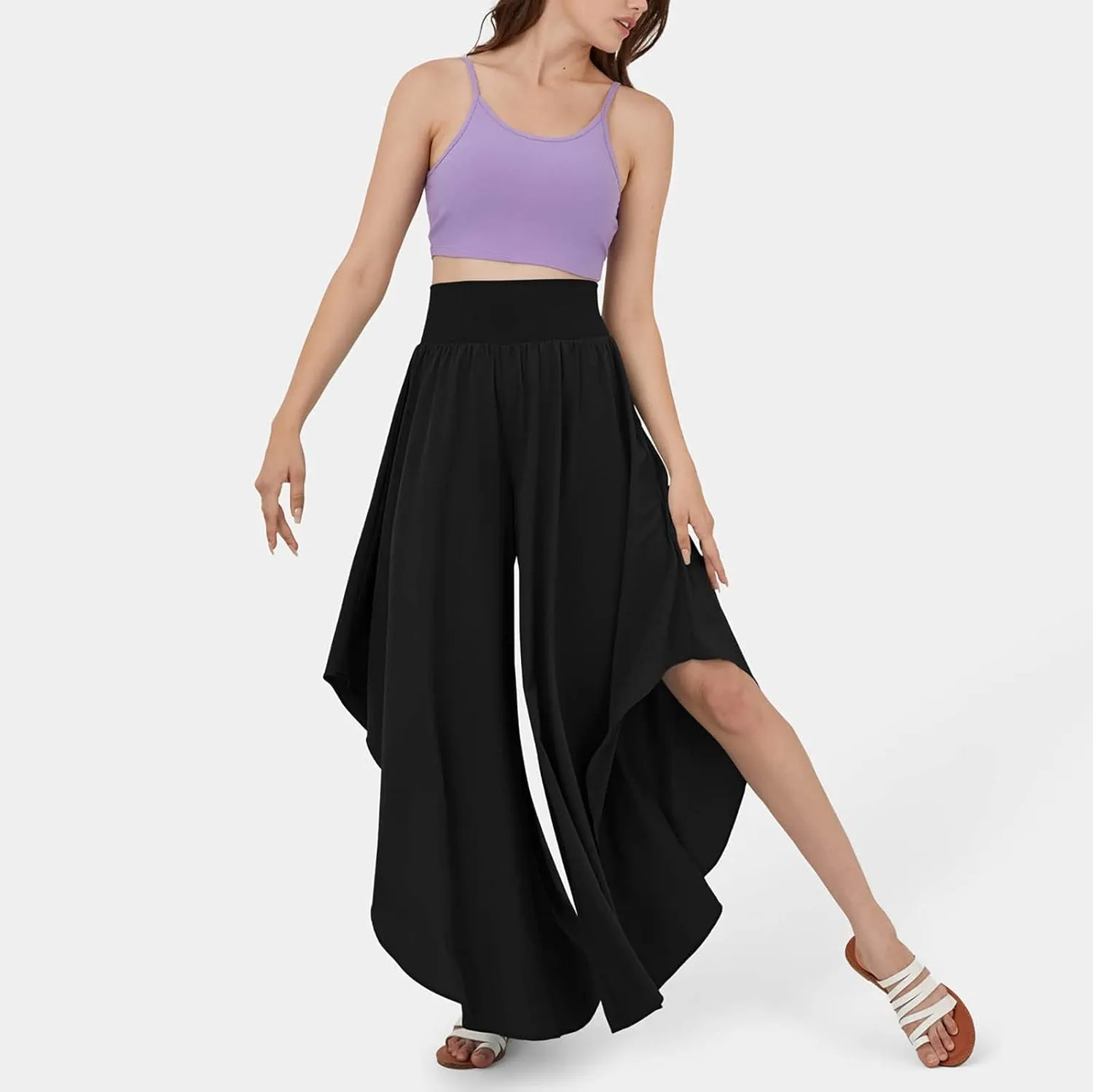 Gumipy Women Flowy Ruffle Wide Leg Pants High Waisted Elastic Waistband Palazzo Pants Flare Yoga Pants Soft Pilates Pants