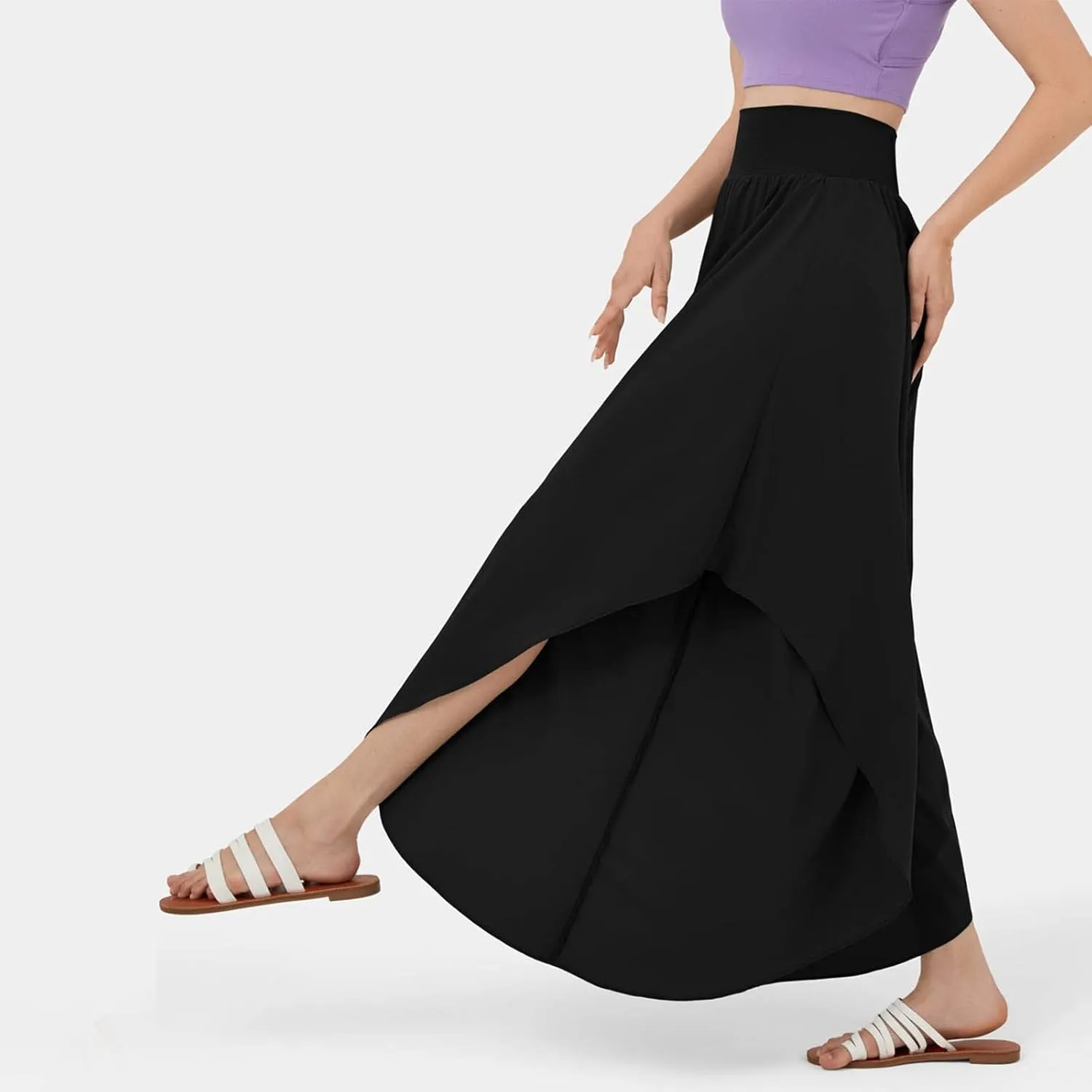 Gumipy Women Flowy Ruffle Wide Leg Pants High Waisted Elastic Waistband Palazzo Pants Flare Yoga Pants Soft Pilates Pants