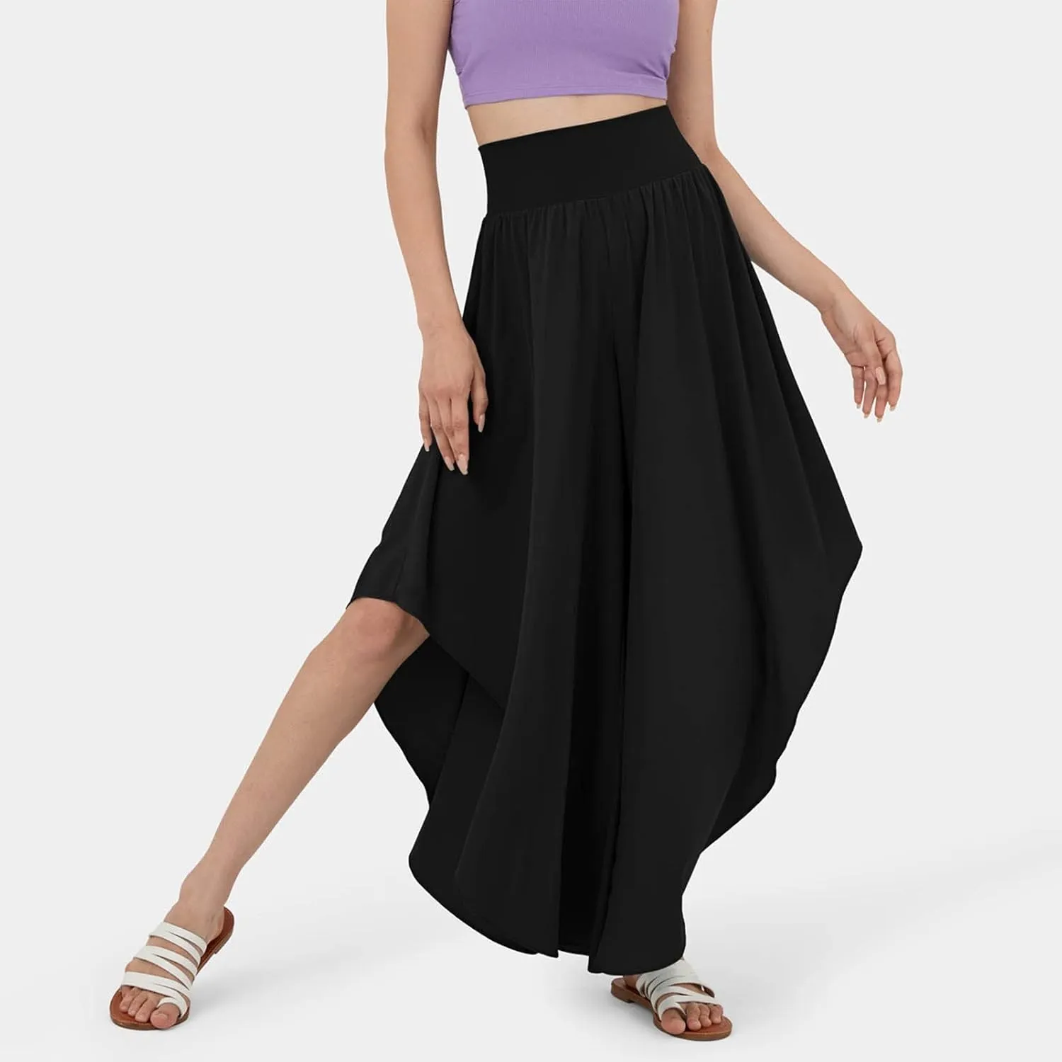 Gumipy Women Flowy Ruffle Wide Leg Pants High Waisted Elastic Waistband Palazzo Pants Flare Yoga Pants Soft Pilates Pants