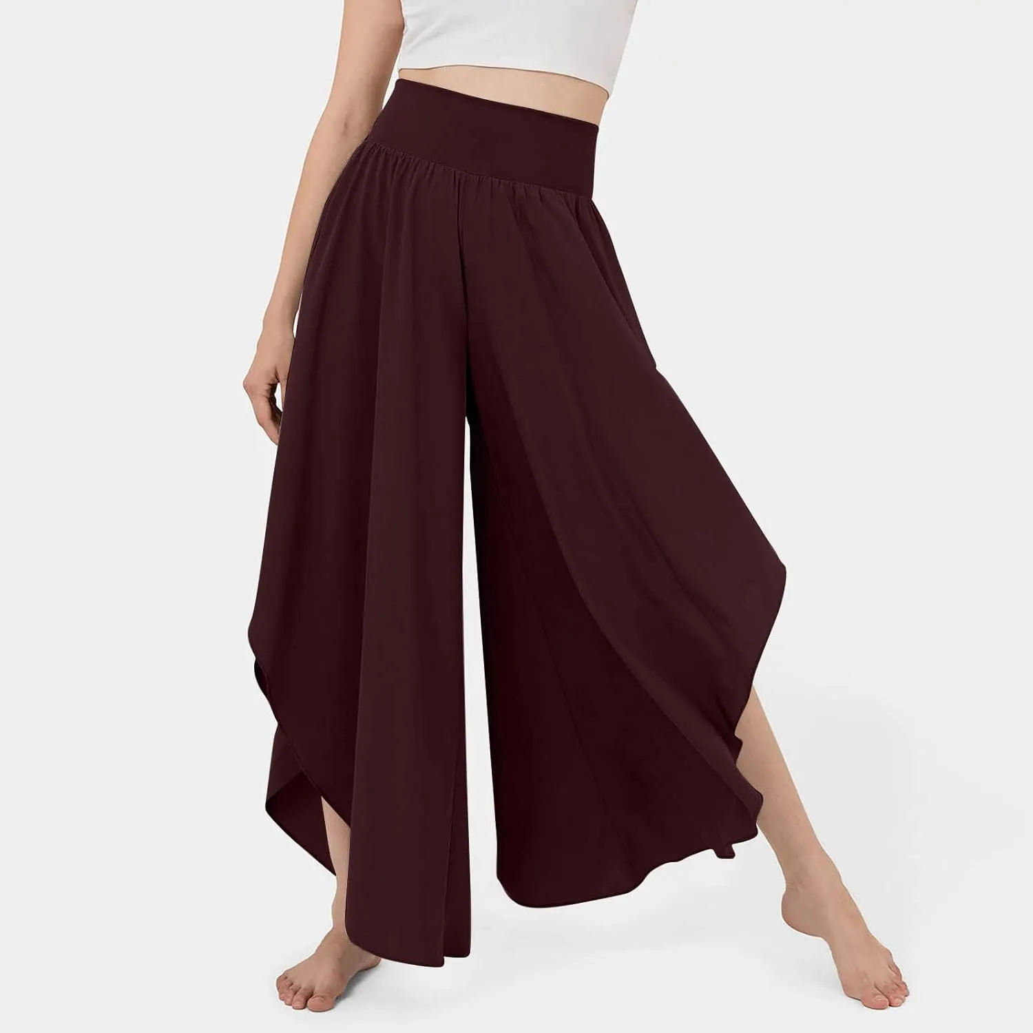 Gumipy Women Flowy Ruffle Wide Leg Pants High Waisted Elastic Waistband Palazzo Pants Flare Yoga Pants Soft Pilates Pants