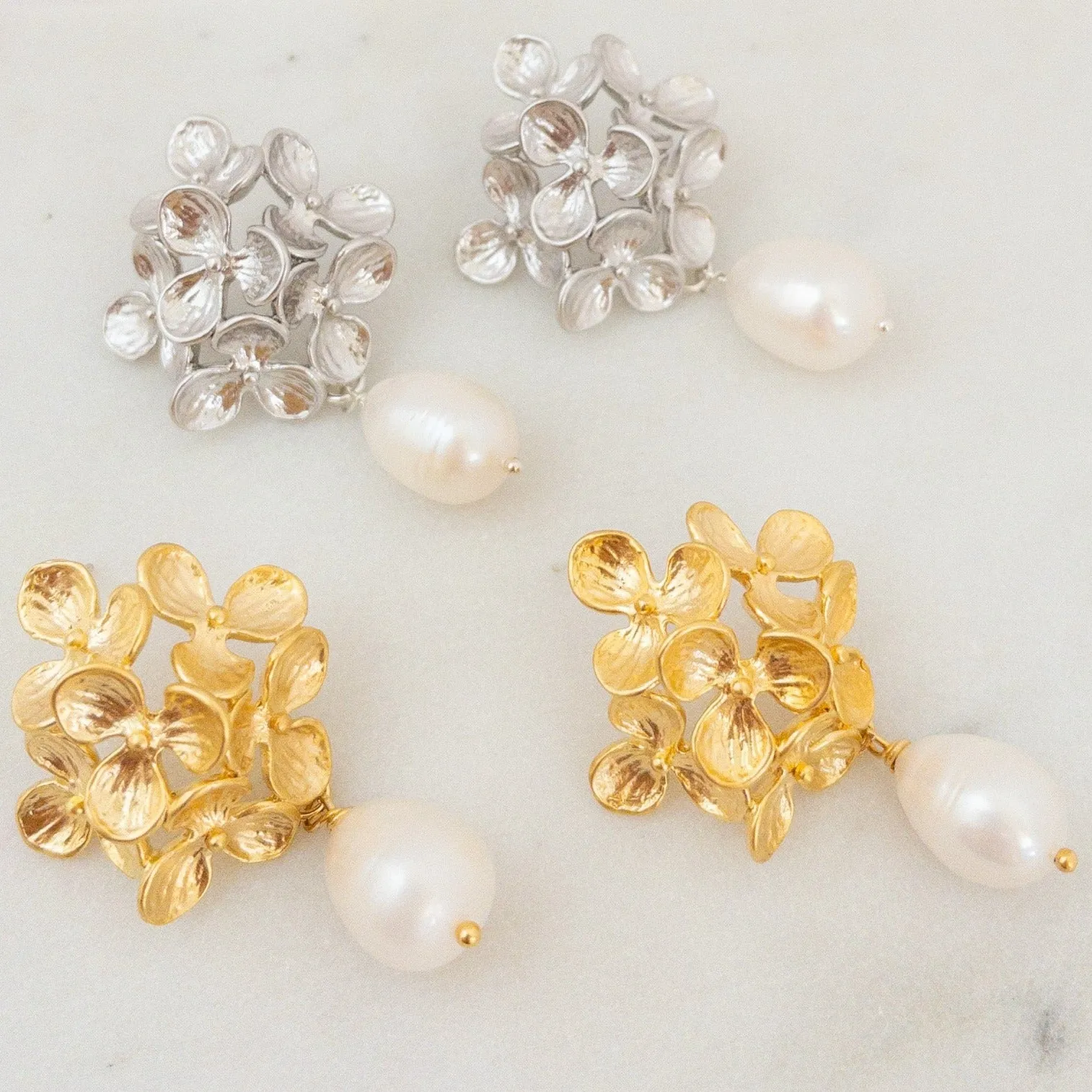 Hydrangea Flower Earrings with Freshwater Pearls