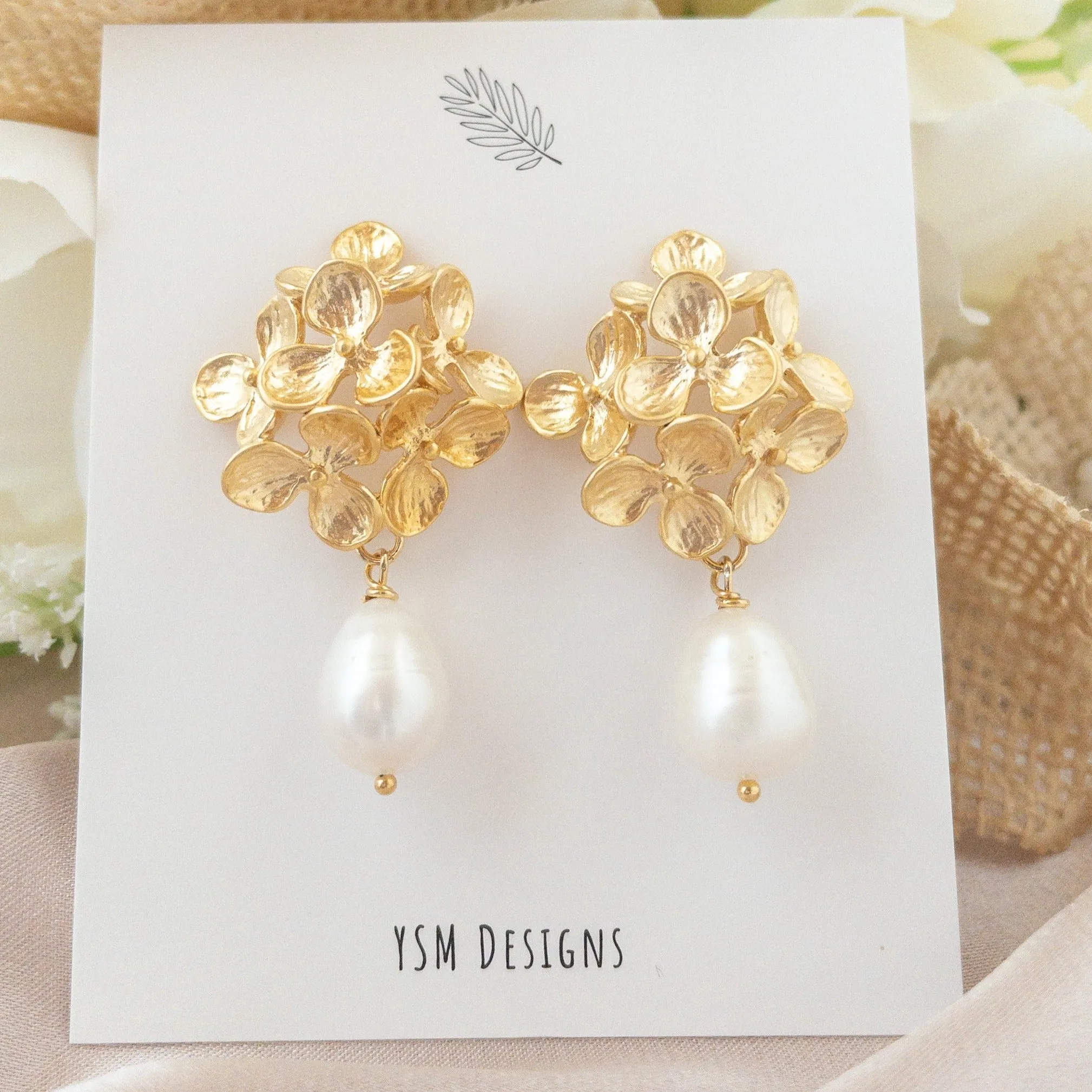 Hydrangea Flower Earrings with Freshwater Pearls