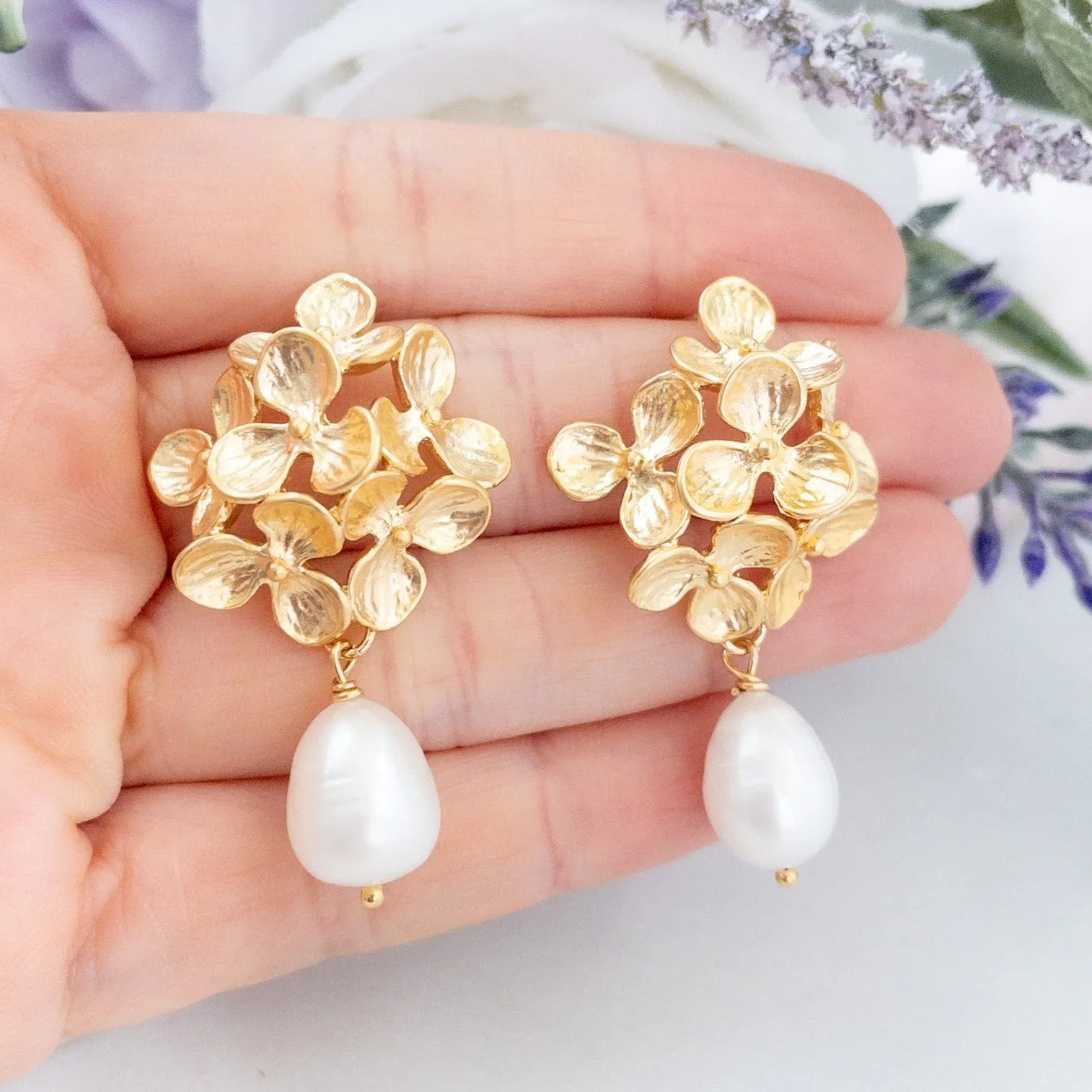 Hydrangea Flower Earrings with Freshwater Pearls
