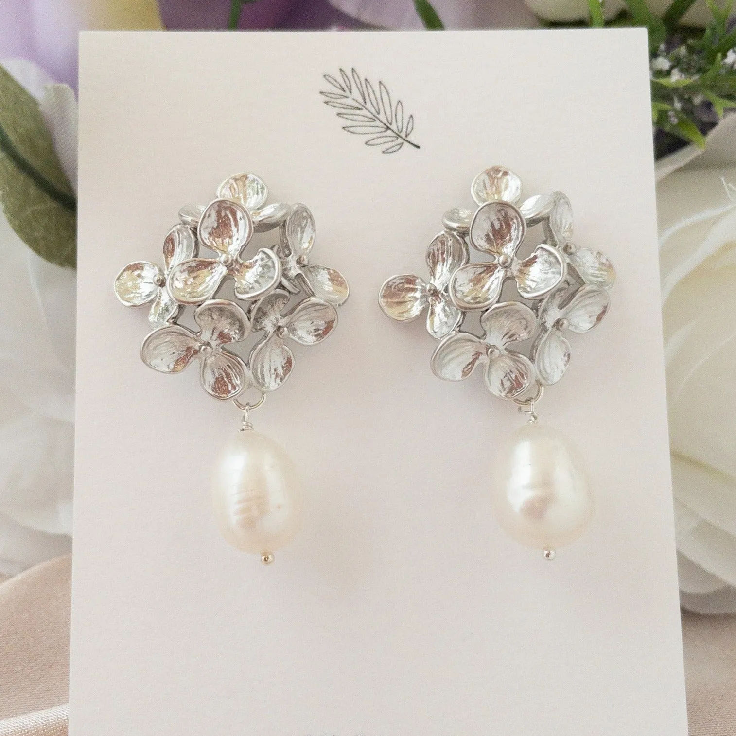 Hydrangea Flower Earrings with Freshwater Pearls