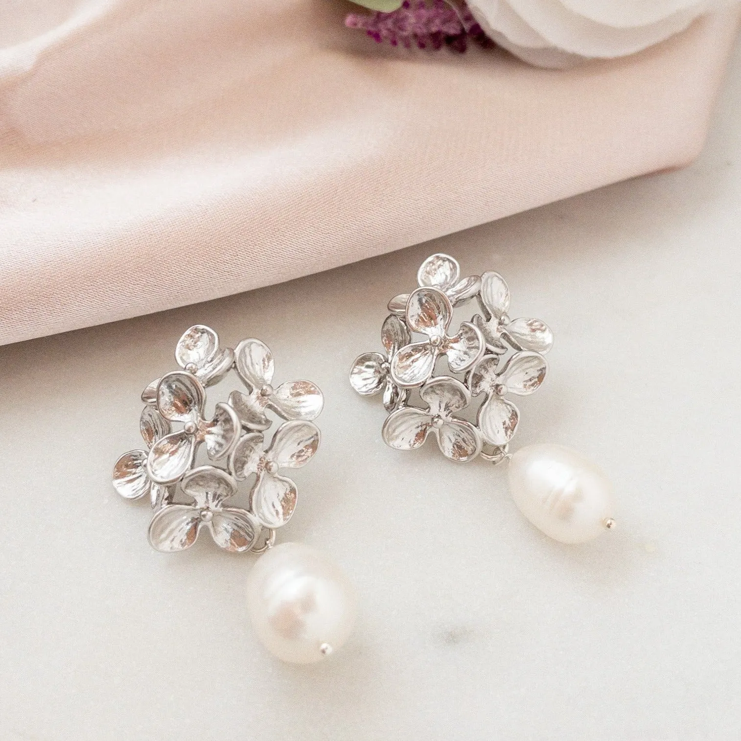 Hydrangea Flower Earrings with Freshwater Pearls