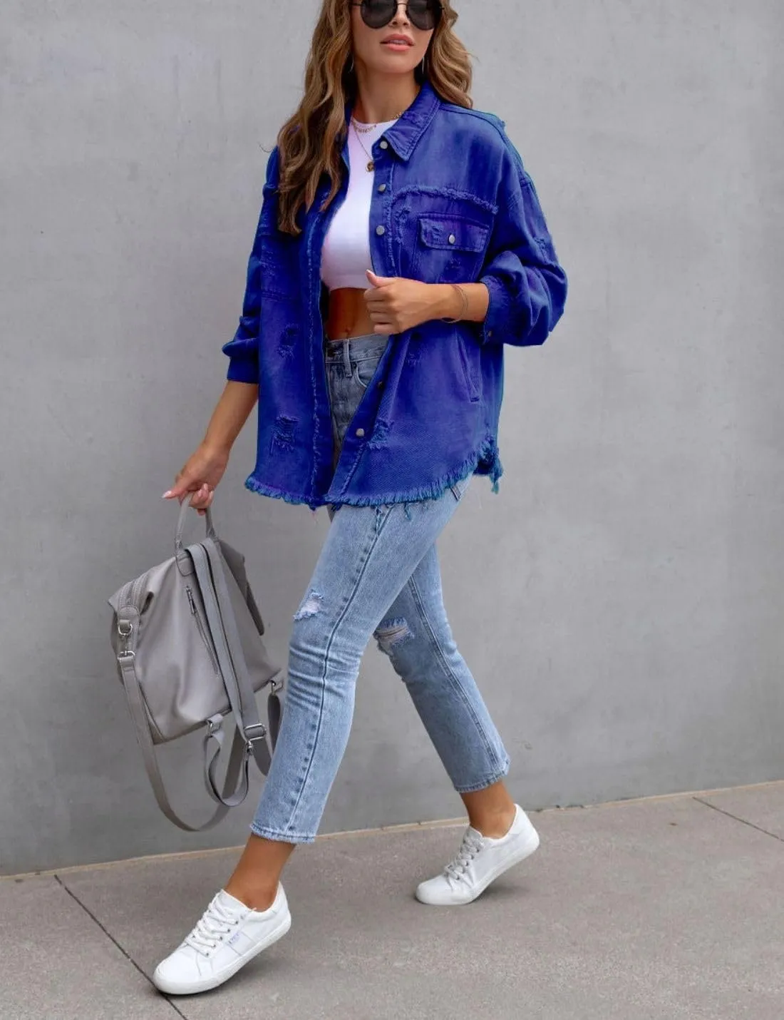 Kwoki Women's Ripped Distressed Denim Jacket Long Sleeve Oversized Raw Hem Jean Trucker Jackets Coat