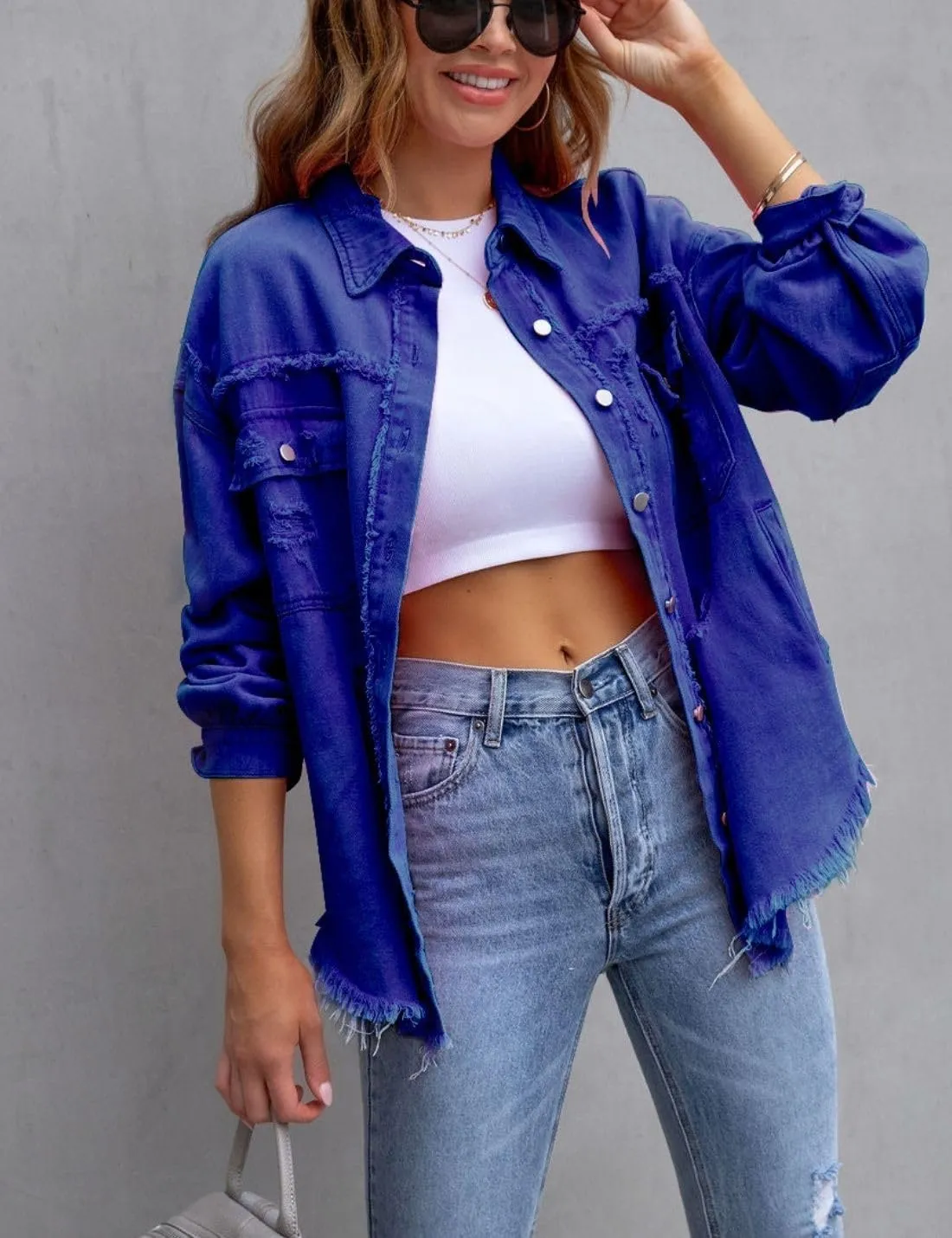 Kwoki Women's Ripped Distressed Denim Jacket Long Sleeve Oversized Raw Hem Jean Trucker Jackets Coat