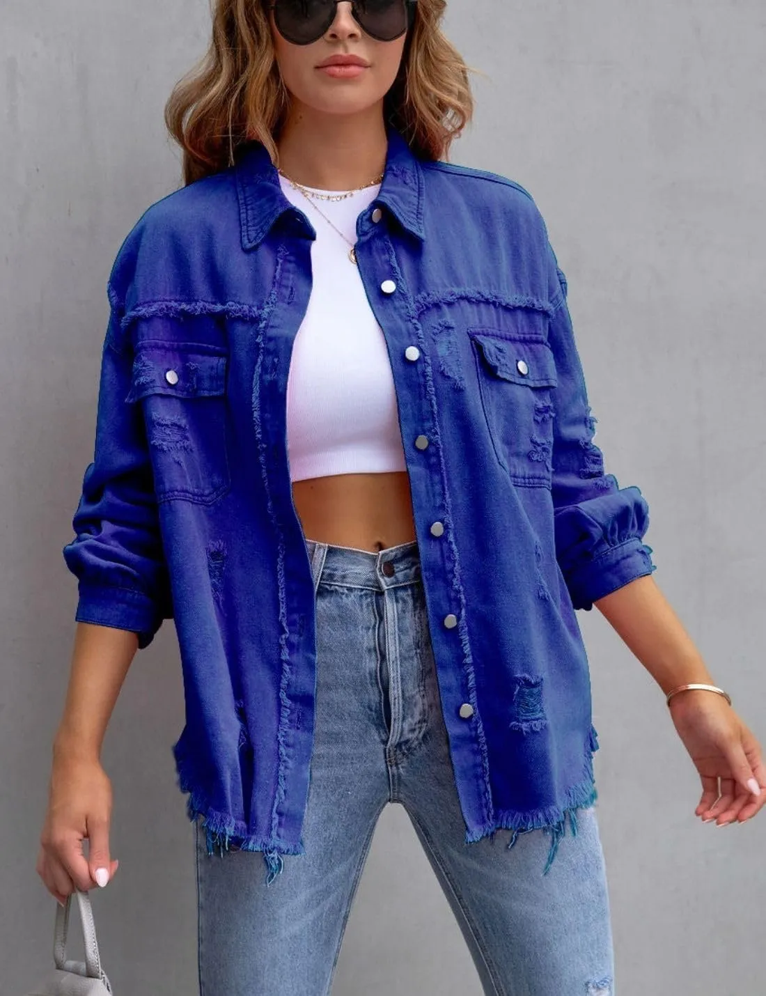 Kwoki Women's Ripped Distressed Denim Jacket Long Sleeve Oversized Raw Hem Jean Trucker Jackets Coat