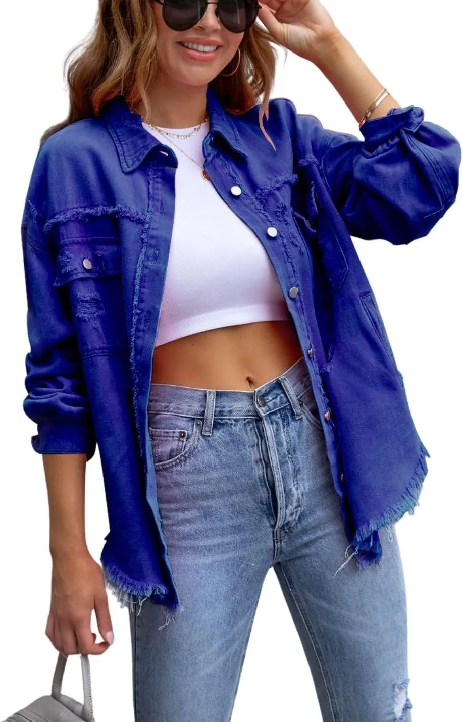 Kwoki Women's Ripped Distressed Denim Jacket Long Sleeve Oversized Raw Hem Jean Trucker Jackets Coat
