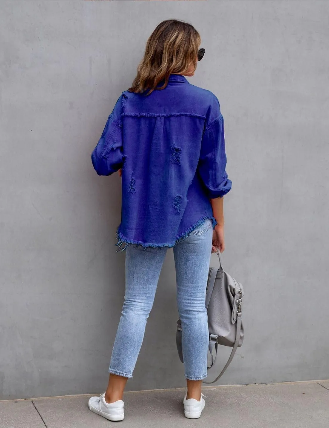 Kwoki Women's Ripped Distressed Denim Jacket Long Sleeve Oversized Raw Hem Jean Trucker Jackets Coat