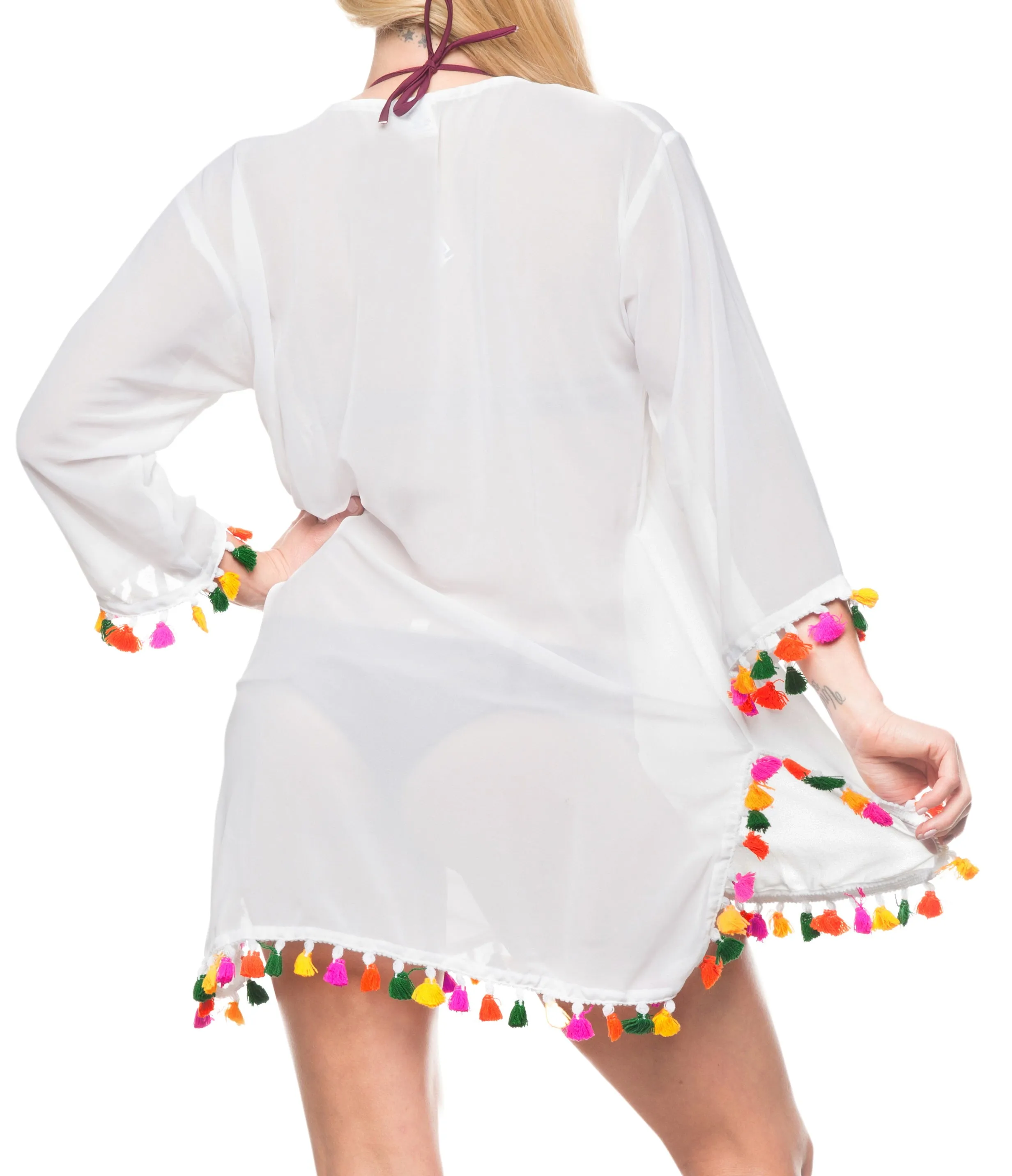 La Leela Solid Long sleeves Beach wear Pom Pom  Bikini Swimwear Cover up TOP XL