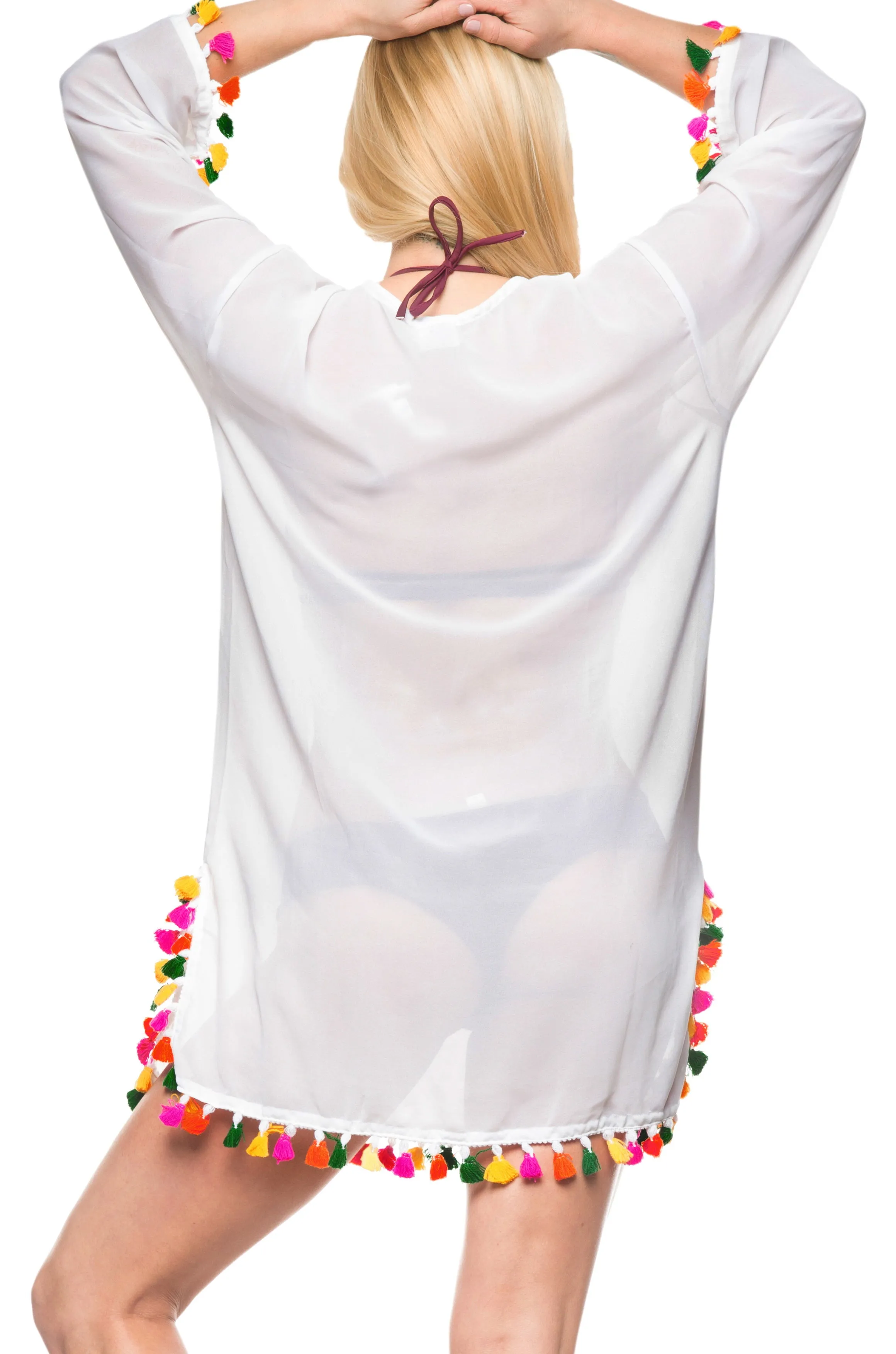 La Leela Solid Long sleeves Beach wear Pom Pom  Bikini Swimwear Cover up TOP XL