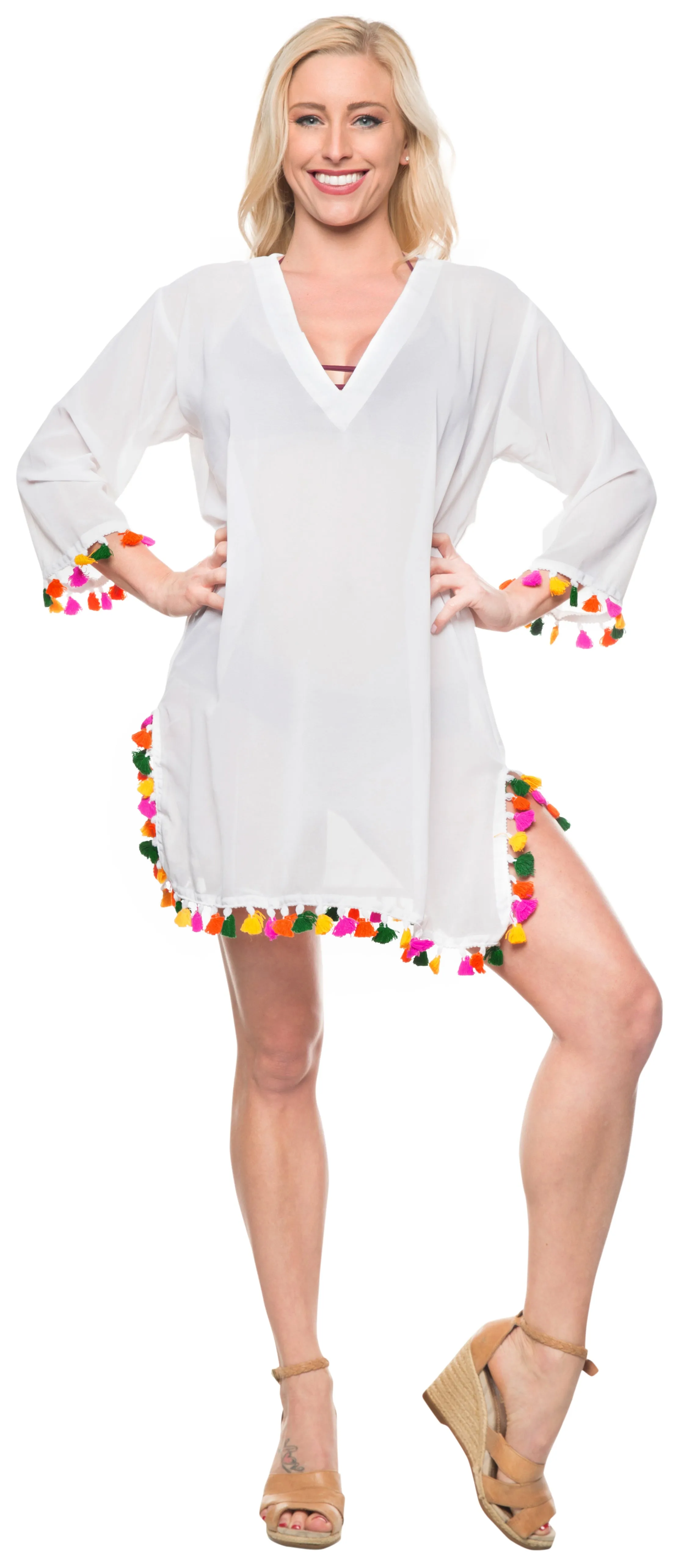 La Leela Solid Long sleeves Beach wear Pom Pom  Bikini Swimwear Cover up TOP XL
