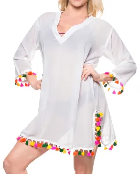 La Leela Solid Long sleeves Beach wear Pom Pom  Bikini Swimwear Cover up TOP XL