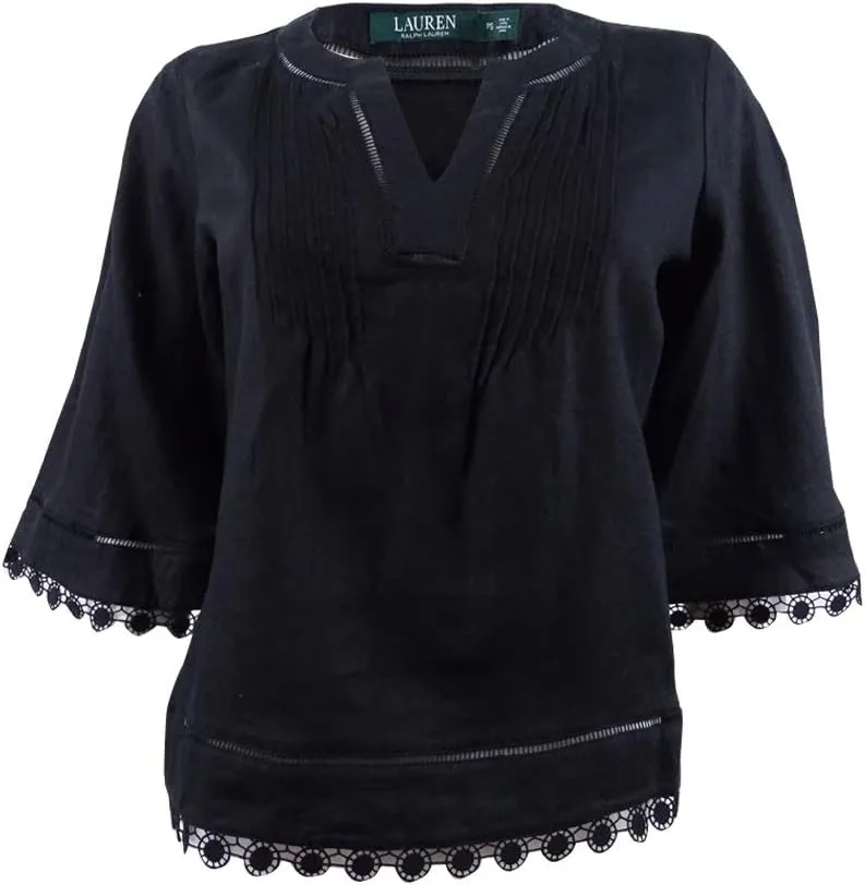Lauren Ralph Lauren Women's Petite Relaxed Fit Linen Top (PXS, Black)
