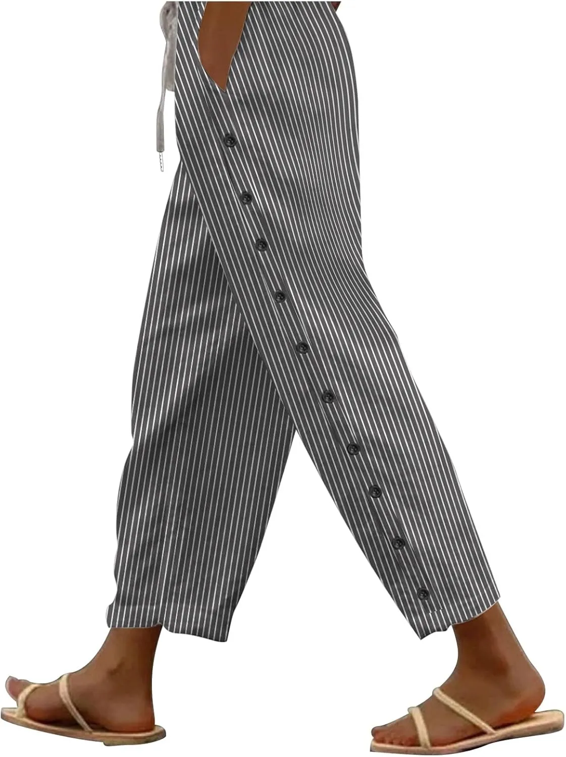 Linen Capris for Women Lightweight Summer Pants Drawstring Elastic Waisted Vacation Beach Linen Pants Casual Travel Trousers
