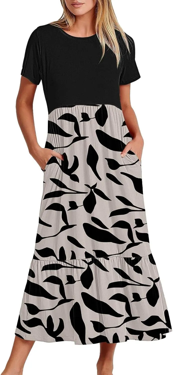 Long Floral Dresses for Women 2025 Beach Casual Elegant Spaghetti Strap Maxi Dress Patchwork Modest Flowy Boho Dress