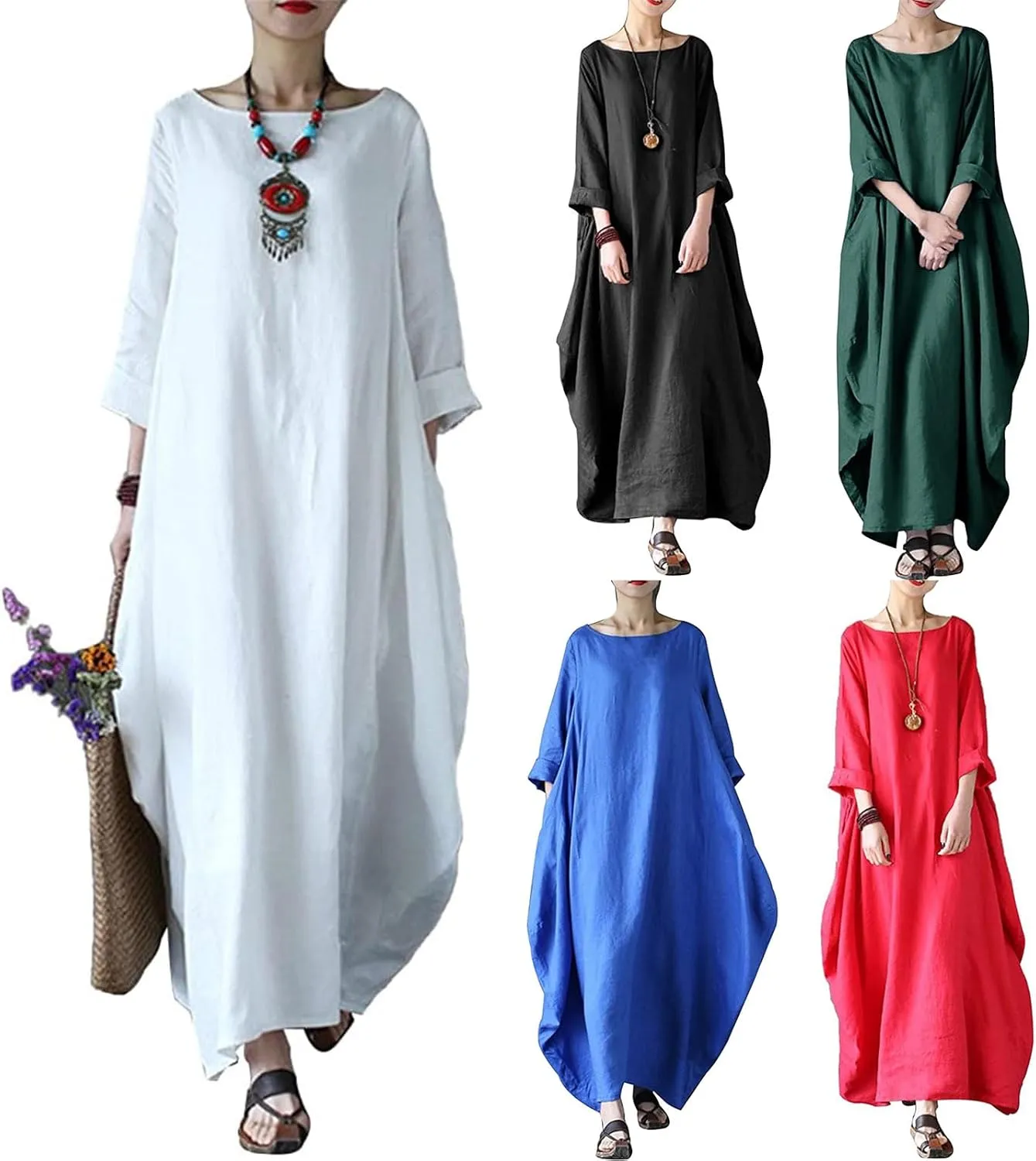 Long Sleeve Dress for Women Cotton Linen Long Dresses with Pockets Round Neck Plus Size Summer Dresses Maxi Dress
