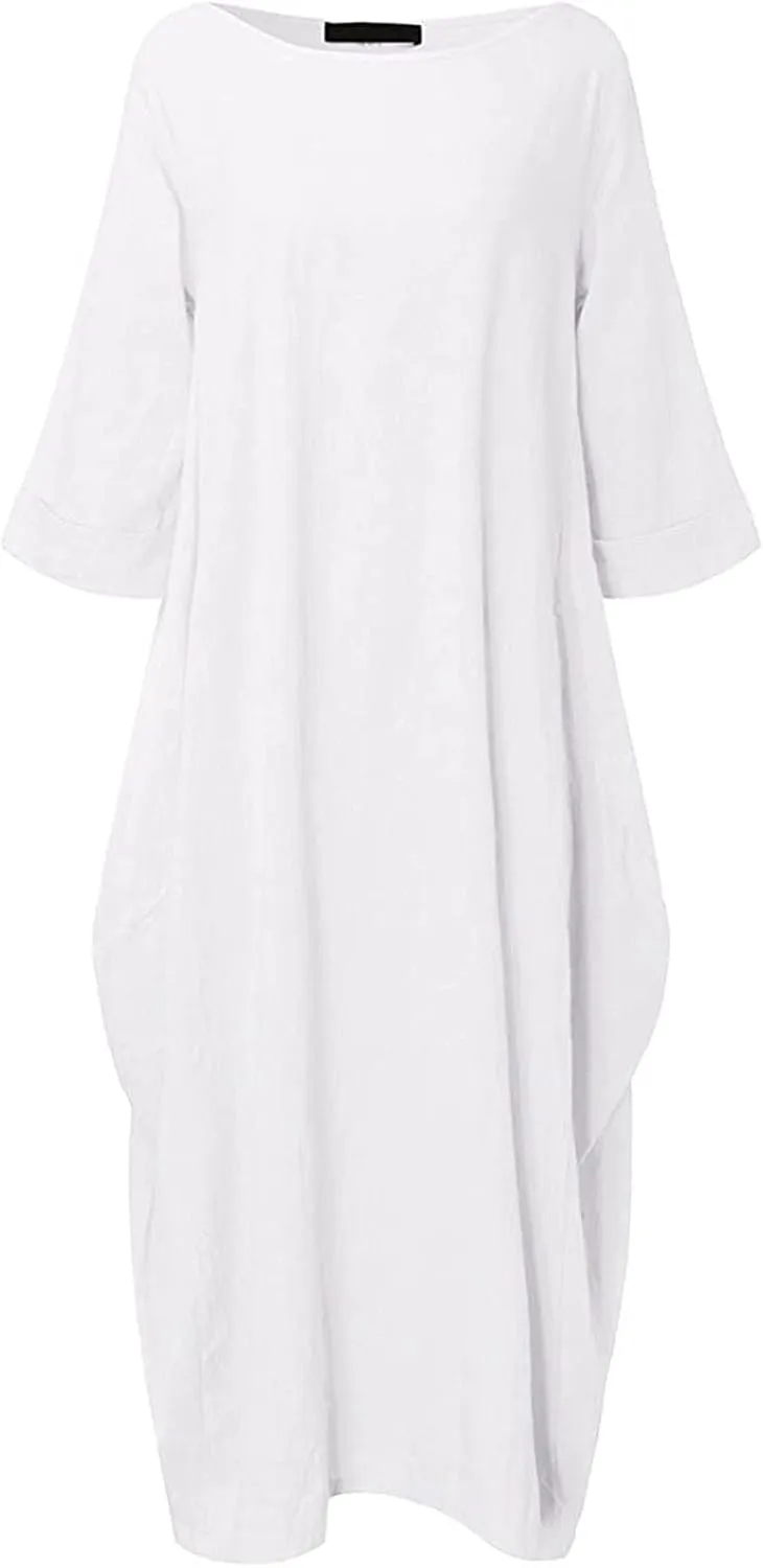 Long Sleeve Dress for Women Cotton Linen Long Dresses with Pockets Round Neck Plus Size Summer Dresses Maxi Dress