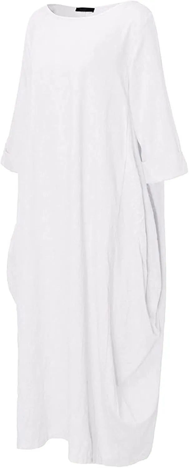 Long Sleeve Dress for Women Cotton Linen Long Dresses with Pockets Round Neck Plus Size Summer Dresses Maxi Dress